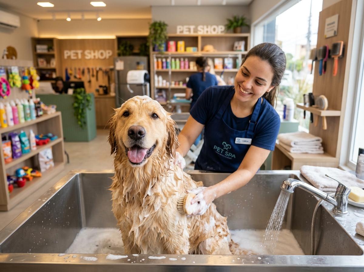 Cãozinho Golden Retriever recebendo banho carinhoso no Pet Shop Mundinho dos Pet's em Madureira
